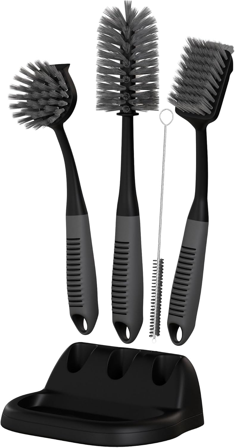 Trazon Dish Brush Set of 5 with Holder - Kitchen Scrub Brushes with Non-Slip Long Handle for Cleaning, Scrubber, Dishwashing, Dishes, Bottles, Straws, Cups, Pots & Sink, Black - Image 1